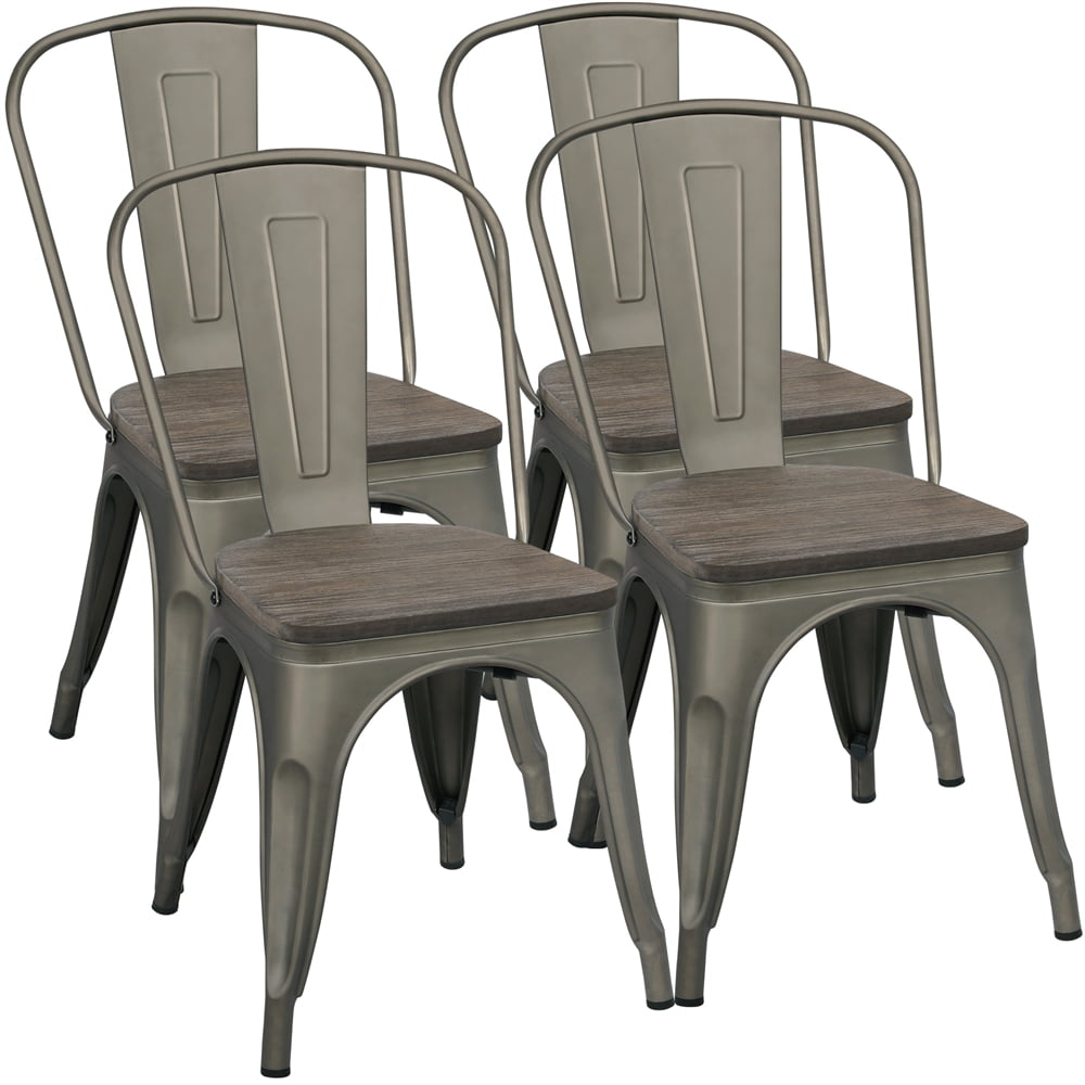Yaheetech 4 pcs Metal Fir Wood Chairs Stackable Dining Chair Wooden Seat with Backrest Footrests Armless Stool for Home Trattoria Bistro Cafe Shop,Gun Metal