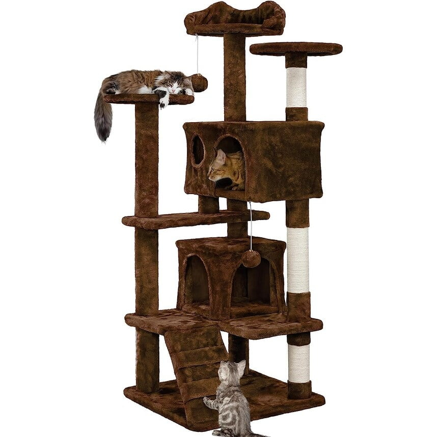 54" Cat Tree, Cat Tower Condo with Scratching Post and Ladder, Pet Furniture with Hanging Ball and Platforms for Indoor, Home