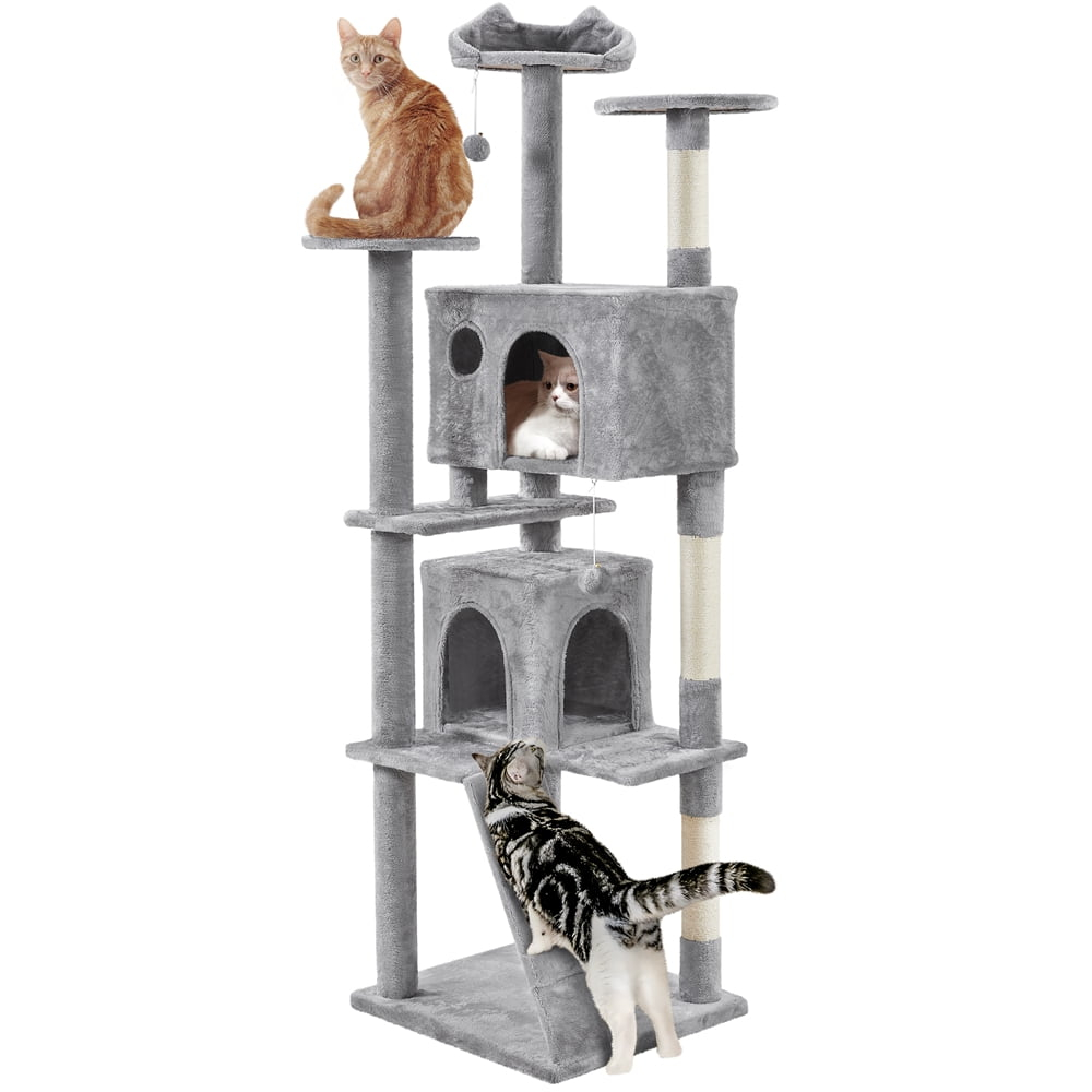 SmileMart 80″ Tall Multilevel Cat Tree with 2 Condos & 3 Scratching Posts for Kittens, Light Gray