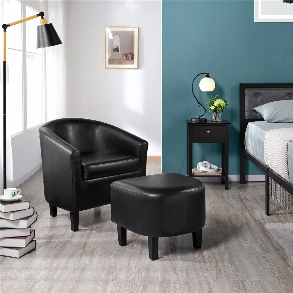 Yaheetech Accent Chair Faux Leather Club Chair and Ottoman Set Black