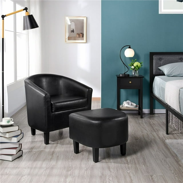 Yaheetech Accent Chair Faux Leather Club Chair and Ottoman Set Black