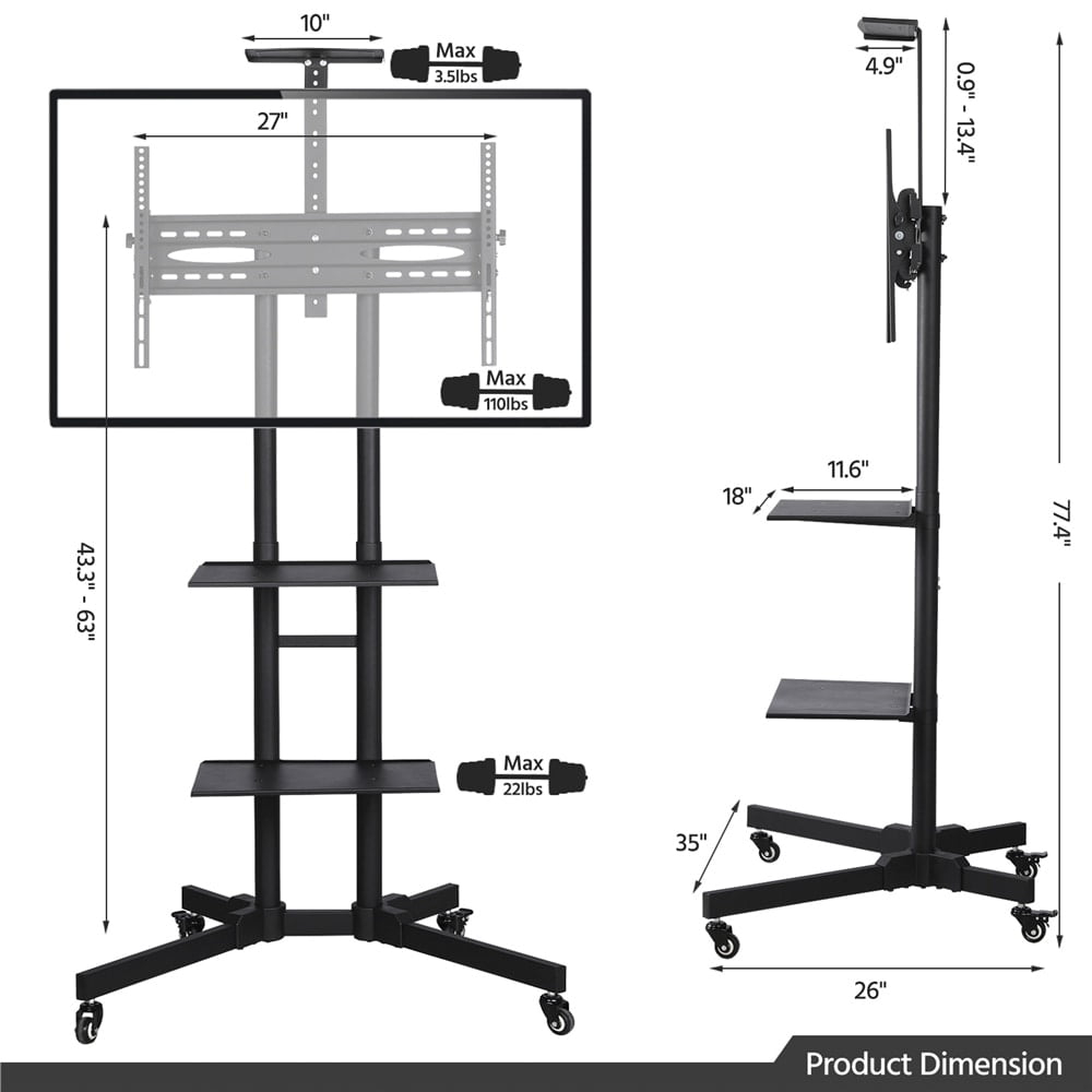 Yaheetech  Height Adjustable Rolling TV Stand TV Cart for tvs 32''-75''