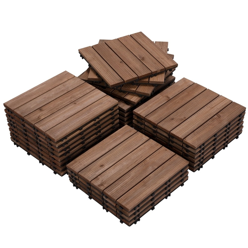Yaheetech Pack of 27 Fir Wood Flooring Tiles Wood Plastic Interlocking Flooring Tiles Waterproof and Non-Slip, 12''x 12'', Brown