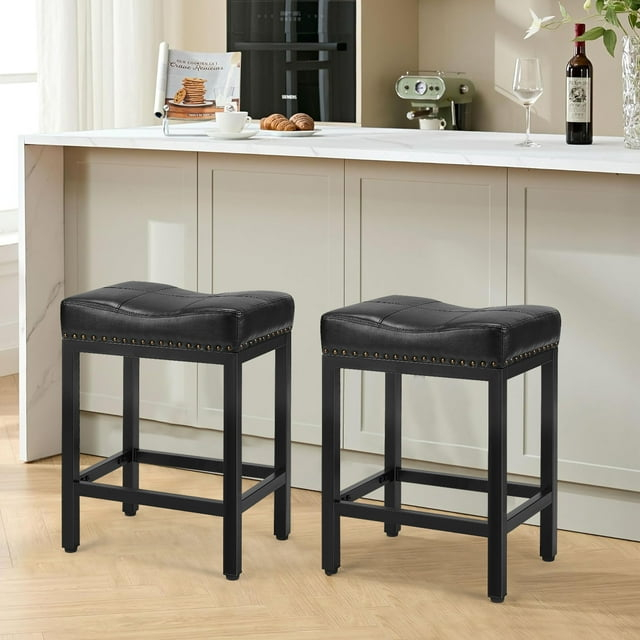 edx Bar Stools Set of 2, Modern Counter Height, 24 Inch Kitchen Barstools with Metal Base, PU Leather Saddle Seats for Kitchen Island, Black