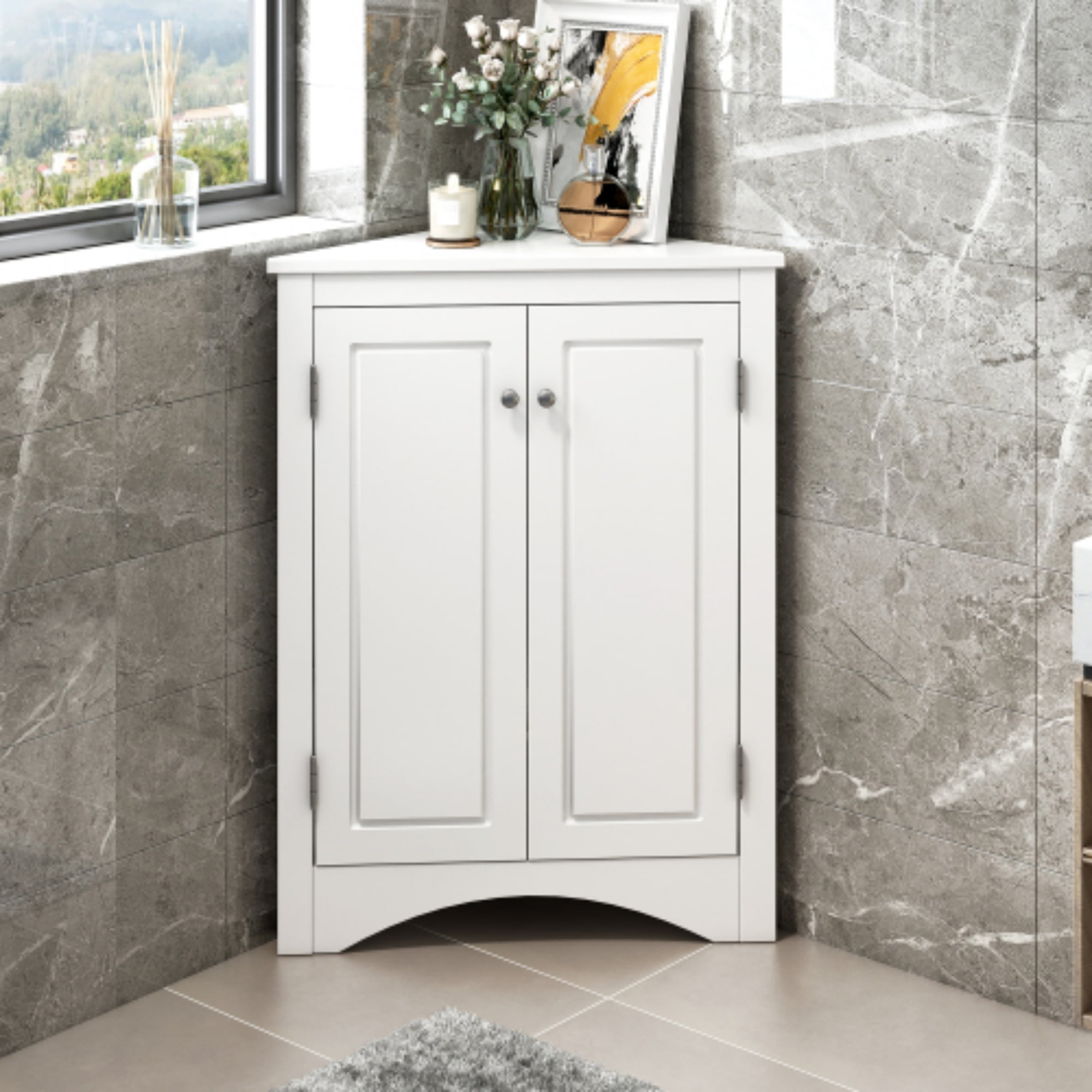Yardmaster Bathroom Storage Cabinet, Corner Cabinet with 2 Doors and Adjustable Shelves, Freestanding Corner Storage Cabinet for Bathroom, Kitchen, Living Room, White