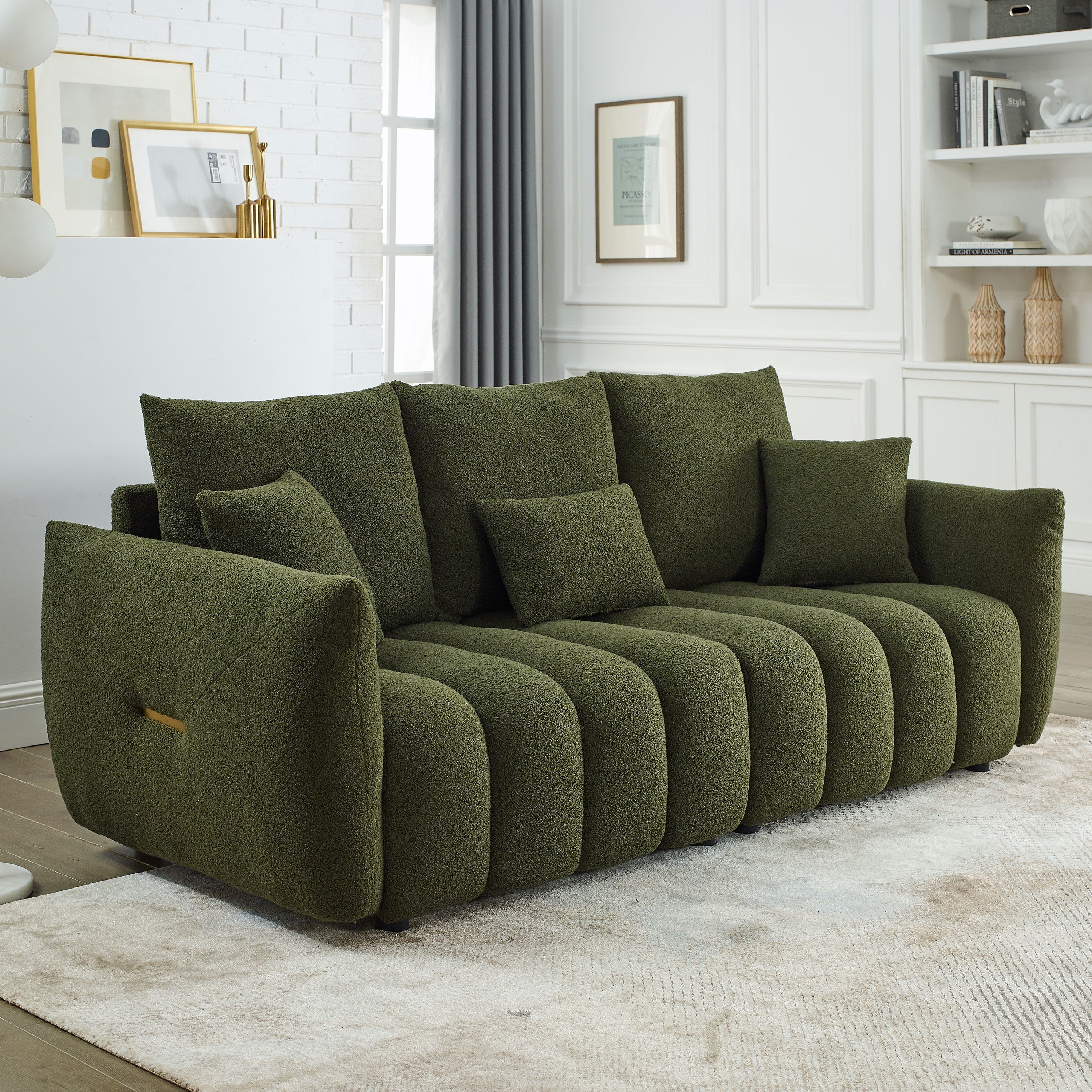 LUCKHAO  82" Modern Couch Premium Teddy fabric Sofa with 3 Back Pillows and 3 back Cushions Solid Wood Frame 3-Seater Sofa, Oversized Upholstered Chair for Living Room, Bedroom, Apartment and Office
