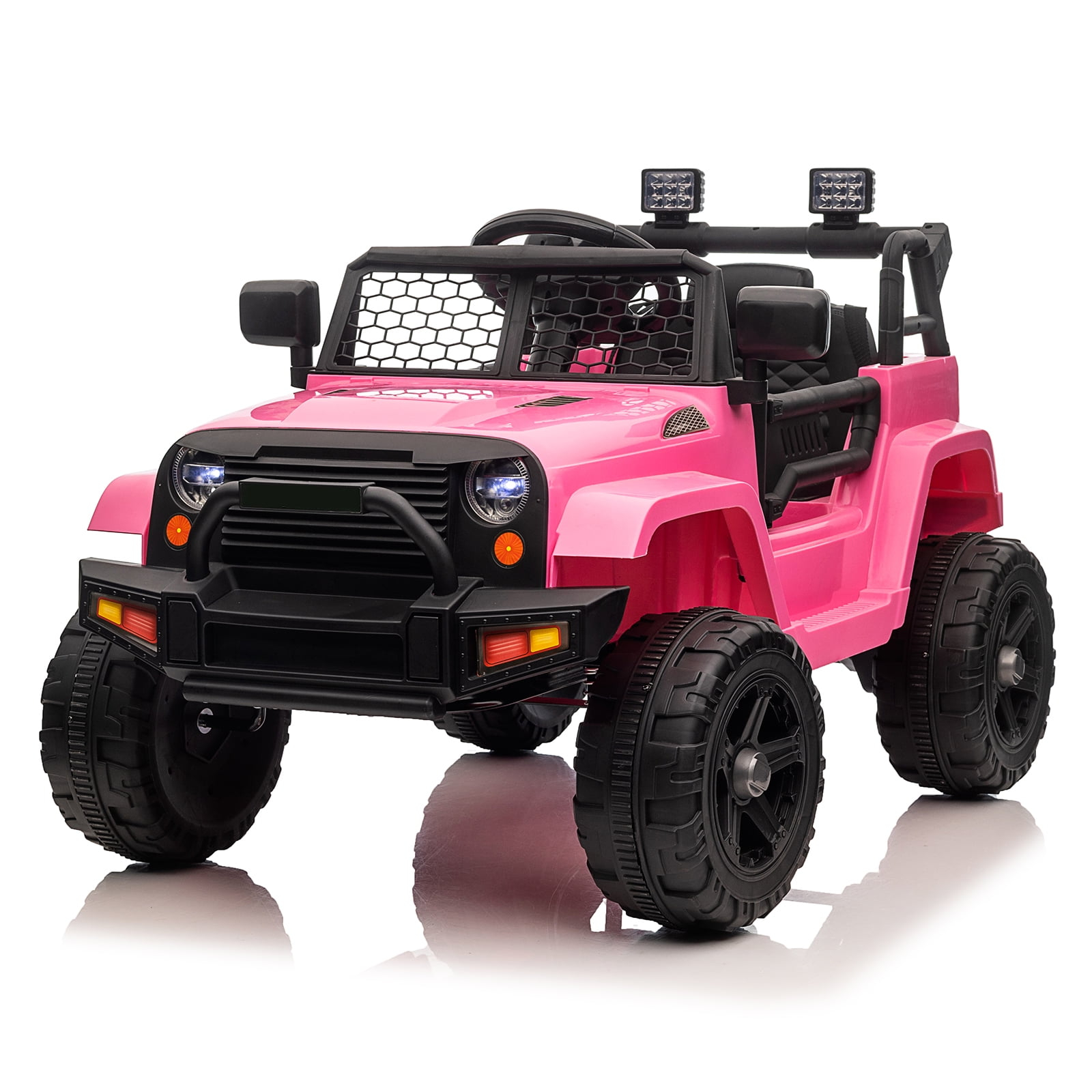 OLAKIDS Kids Ride On Truck, 12V Electric Vehicle Jeep Car with Remote Control, Toddlers Battery Powered Toy with 2 Speeds, Spring Suspension, Double Open Doors, LED Lights, Music, USB, Mp3 (Pink)