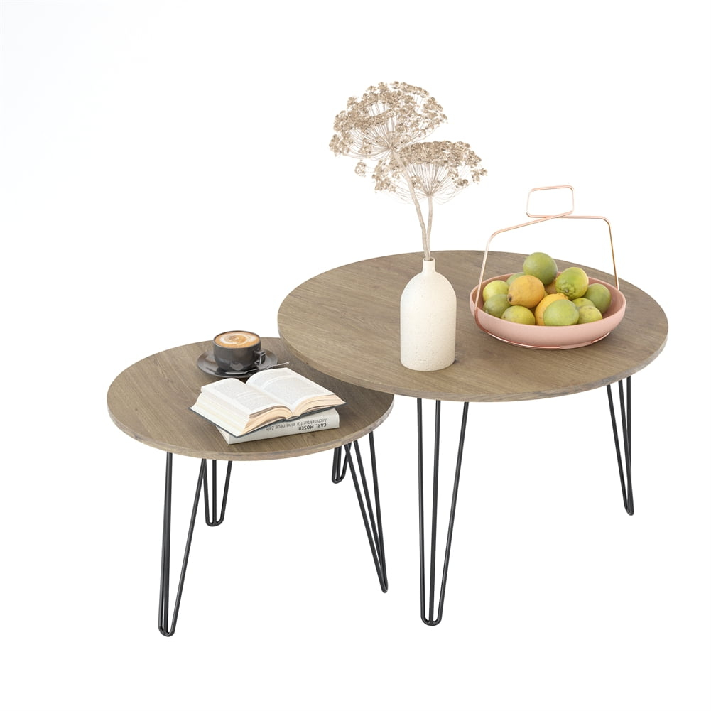 Yesfashion 27.56" Nesting Coffee Table Set Of 2, Modern Round Marble Pattern Wooden Side Tables With Metal Frame, Circular Nesting End Table Set For Living Room