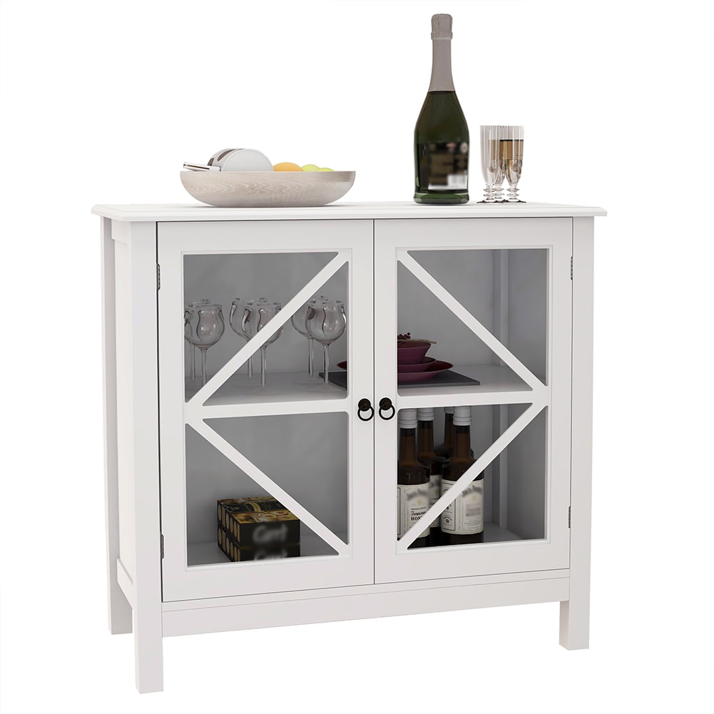 RASOO Sideboard Cabinet with Glass Doors - Buffet Storage for Home, Kitchen, Dining Room - Cupboard Console Table, Espresso (White)