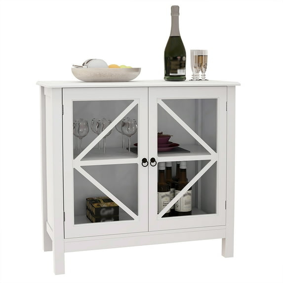 RASOO Sideboard Cabinet with Glass Doors - Buffet Storage for Home, Kitchen, Dining Room - Cupboard Console Table, Espresso (White)