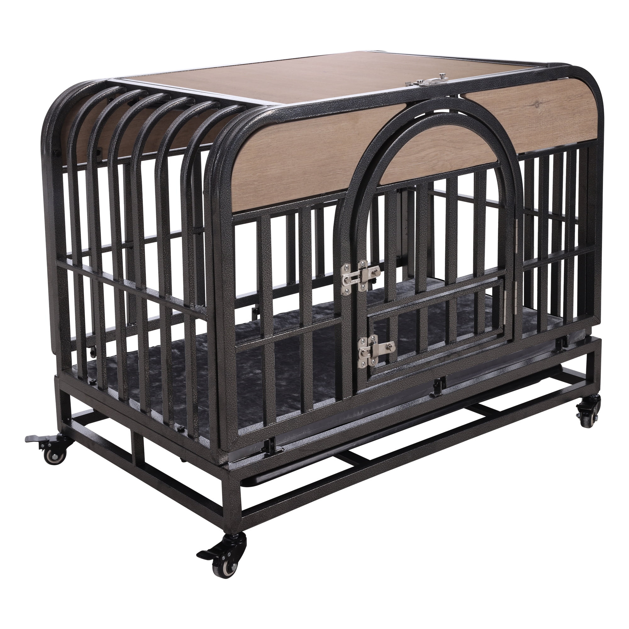 Large Gray Heavy Duty Rolling Dog Crate with Removable Trays