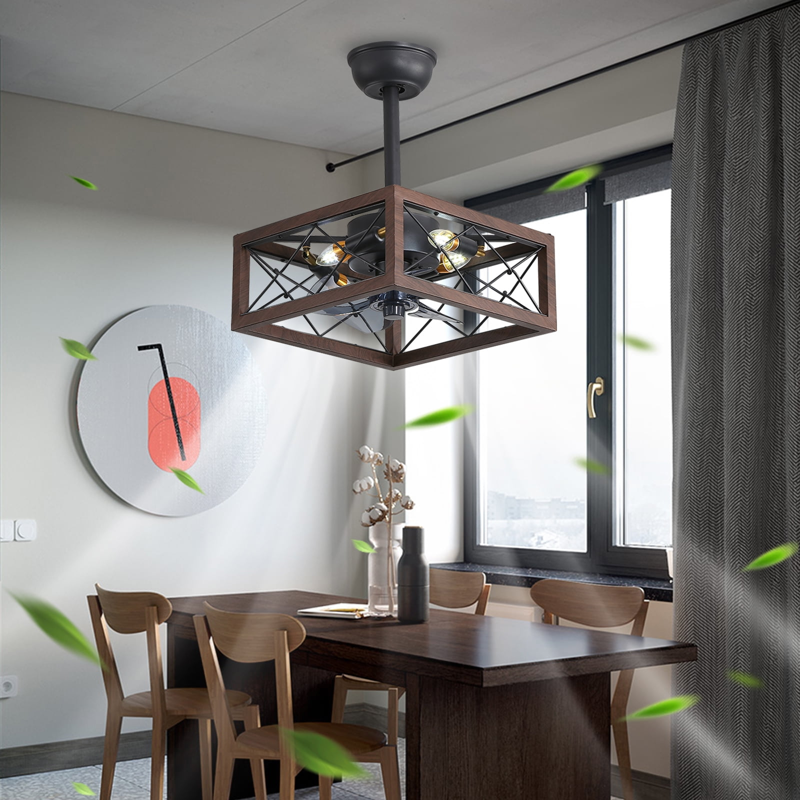 Yesurprise Caged Ceiling Fan with Lights, 18" Square Ceiling Fan with Remote & APP Control, 5 ABS Blades, 6 Speed Wind, Reversible DC Motor, 1H/2H/4H Timing for Living Room (Bulbs Include)