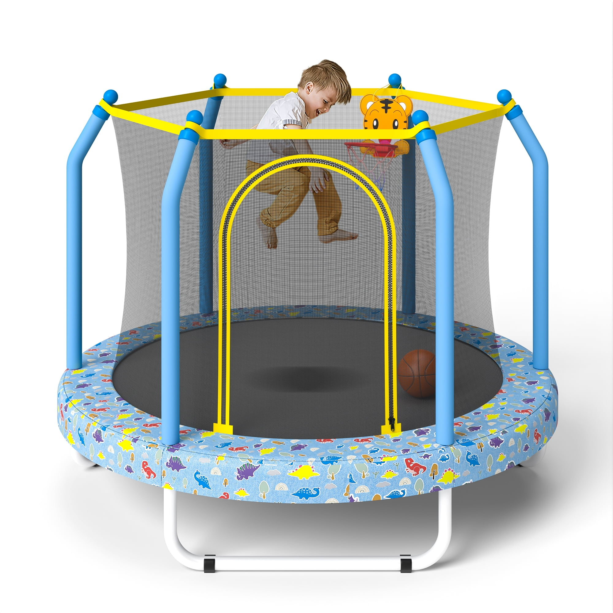 Yoneston 55'' Trampoline for Kids, Indoor & Outdoor Toddlers Trampoline with Enclosure Net and Basketball, Mini Trampoline Gifts for Kids, Baby Toddler Trampoline Toys, Light Blue