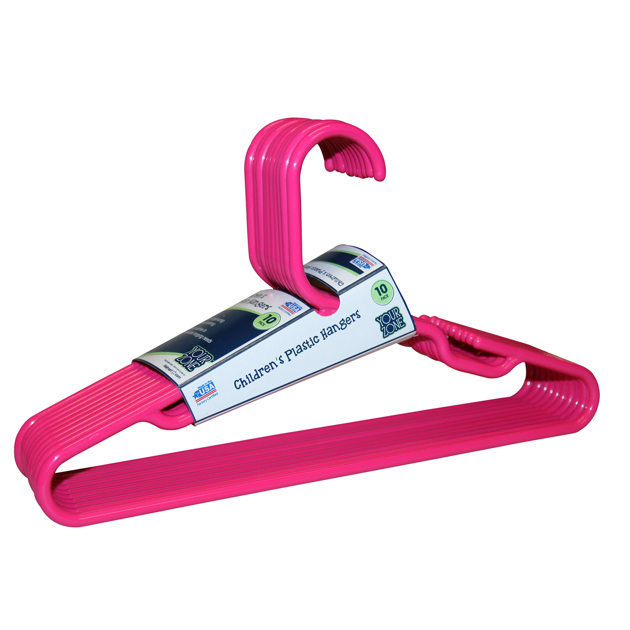 Your Zone Children's Clothing Hangers, 10 Pack, Pink, Sizes up to 8, Durable Plastic