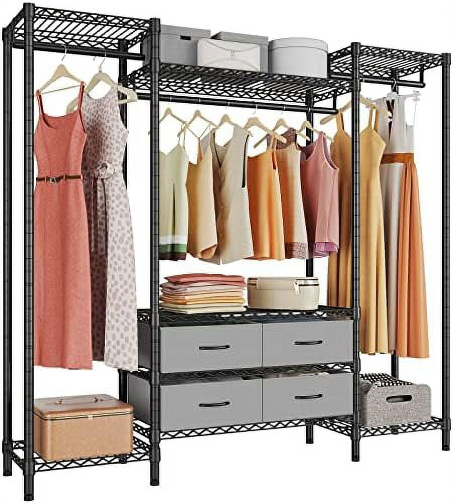 Metal Clothes Rack With 6 Shelves, 3 Hanging Rails And 4 Fabric Drawers, 56.7"L X 14.6"W X 70.9"H,