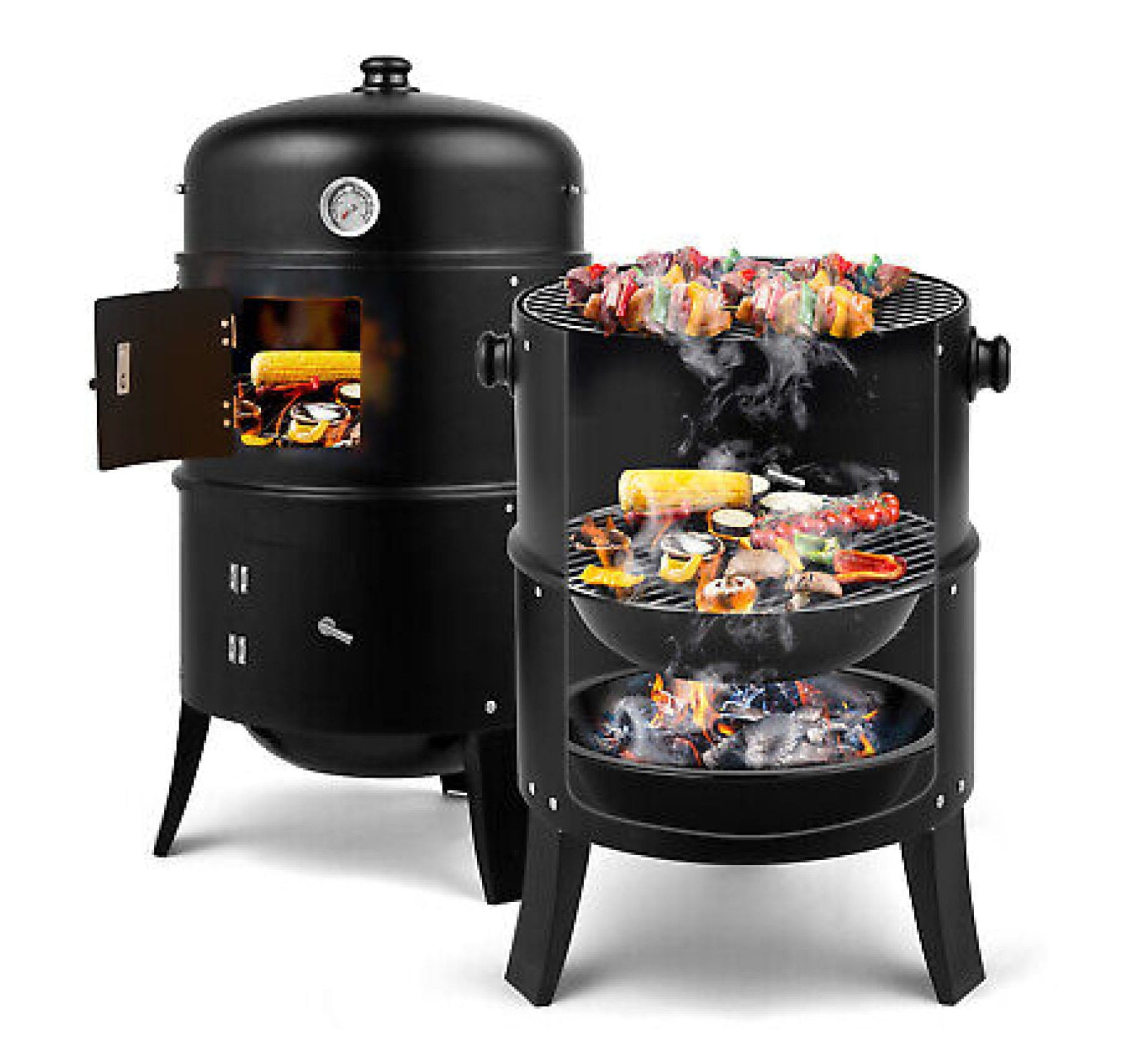 Yunwen 31.5" Charcoal Smoker Grill 3-in-1 Vertical Heavy Duty Charcoal BBQ Smoker Grill