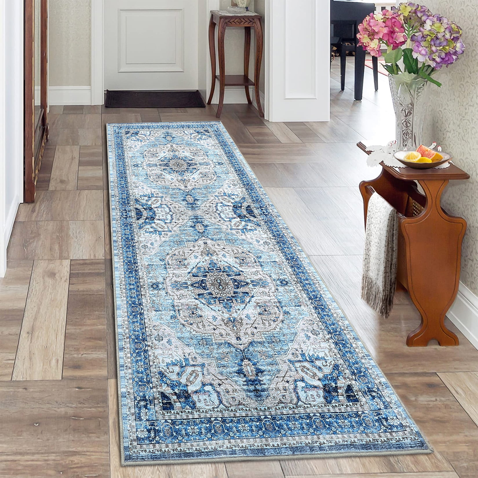 ZACOO 2' x 6' Machine Washable Runner Rug Traditional Area Rugs Carpet Farmhouse Foldable Accent Rug for Hallway Kitchen, Blue