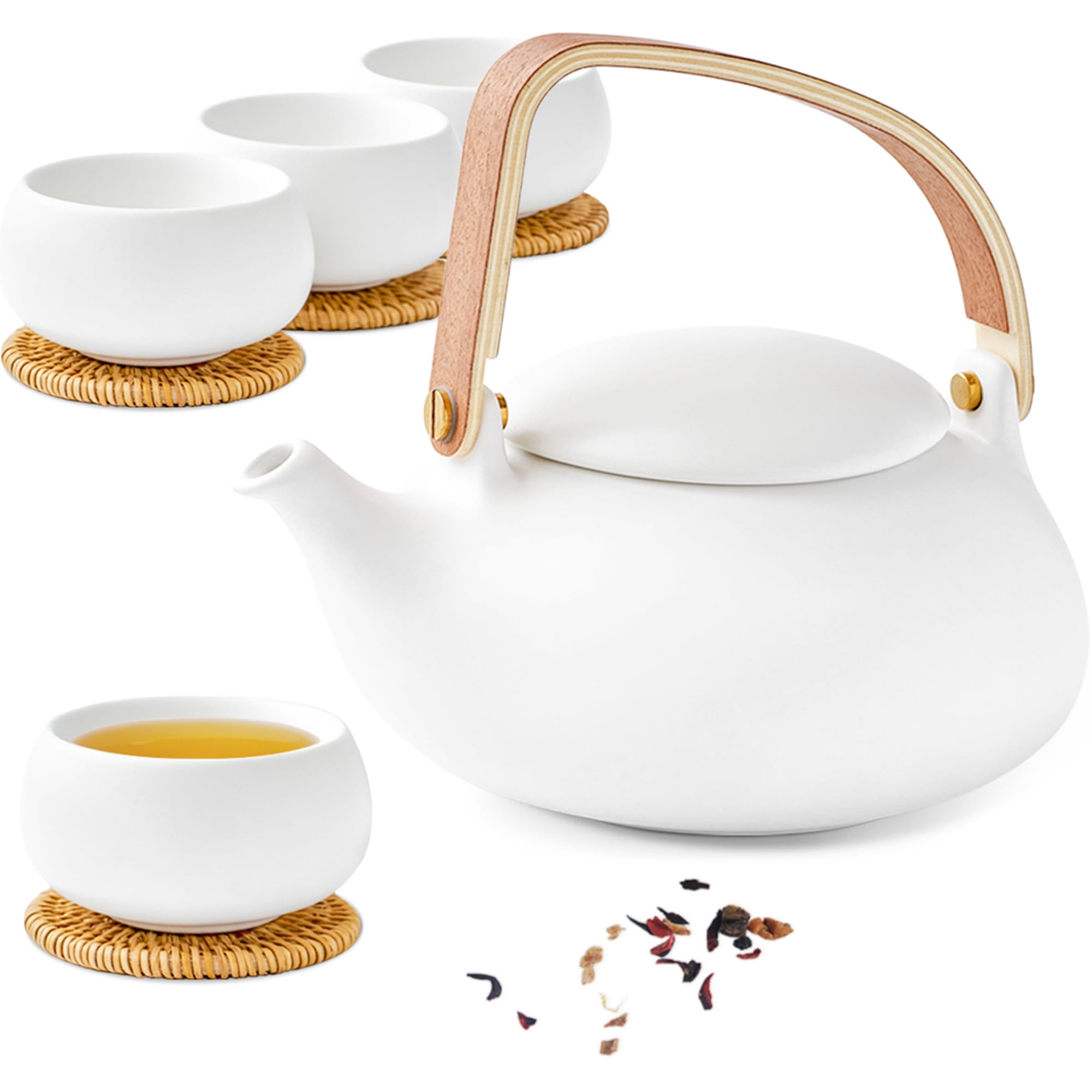 ZENS Japanese Tea Set with Infuser, Modern Bentwood Handle 27 oz Matte Ceramic Loose Leaf Teapot with 4 Cups & RattanCoasters for Tea Lover Gift