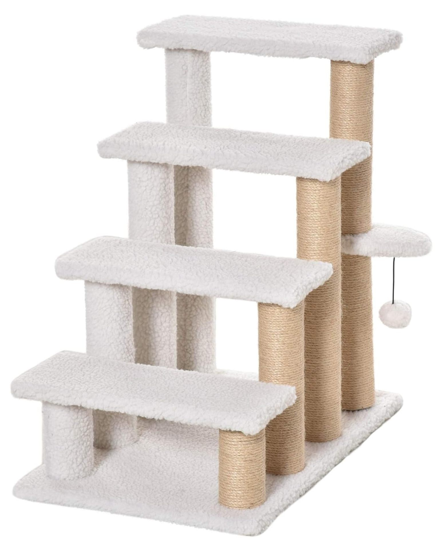 ZHI-22 4 Levels Cat Steps, Pet Stairs Carpeted Ladder, Kitten Tree Climber with Scratching Posts, Hanging Play , Side Step, for High Bed, Sofa, White