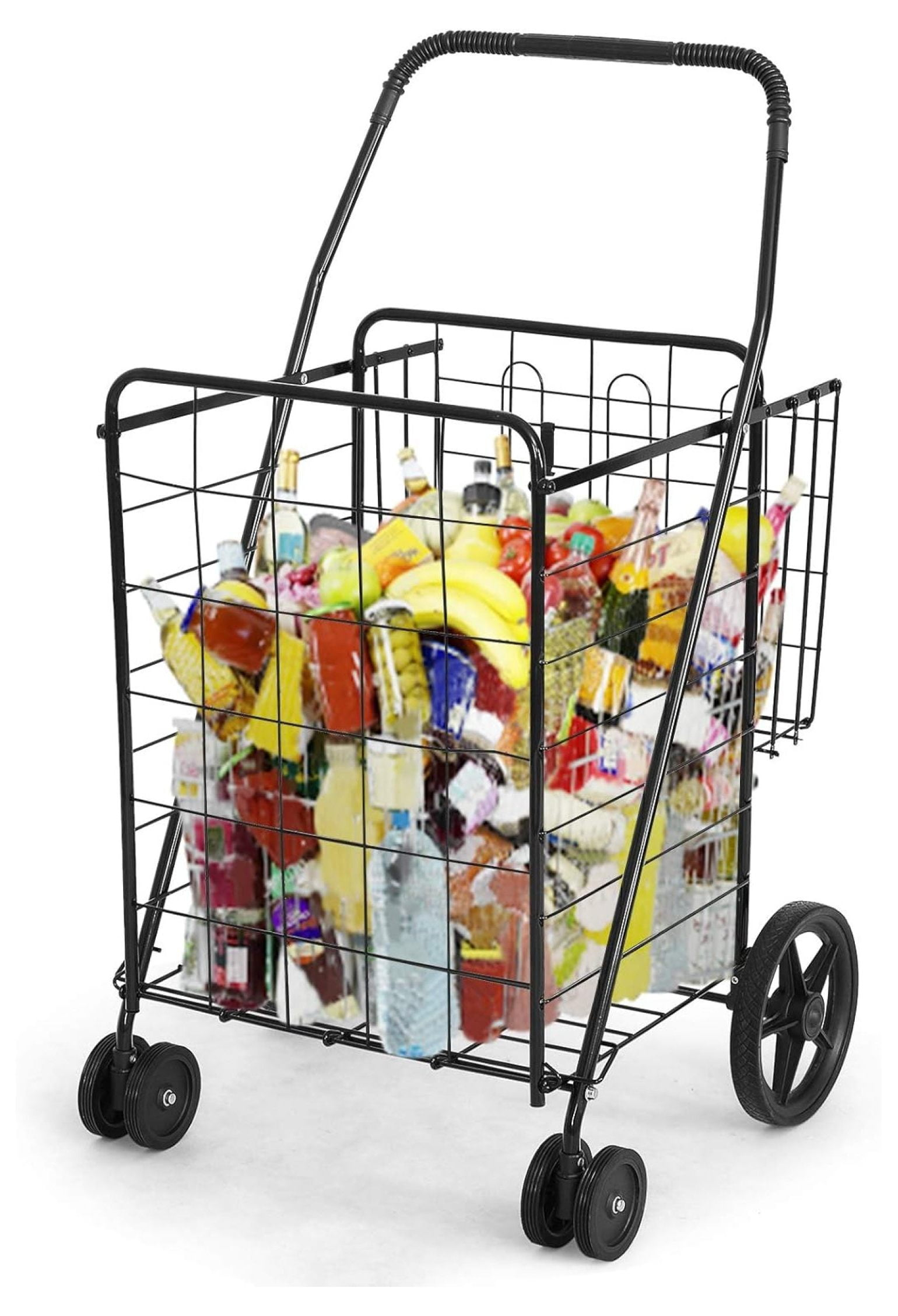 Exlonjet Folding Shopping Grocery Cart Metal Rolling Cart with Double Basket Non-Slip Handle and Swivel Wheels, Light Weight Utility Cart for Laundry Book Luggage Travel