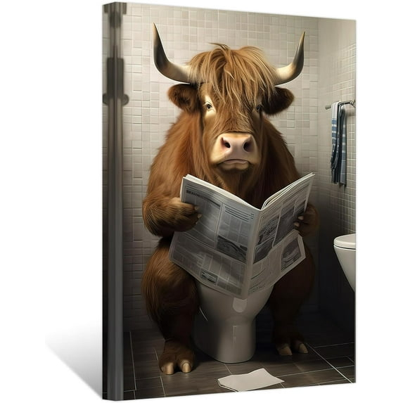 ZHONGYUTONG Funny Highland Cow Bathroom Decor Cow Sitting on Toilet Reading Newspaper Wall Art Cute Animal Poster Prints Farmhouse Toilet Canvas Artwork (12.00" x 18.00")