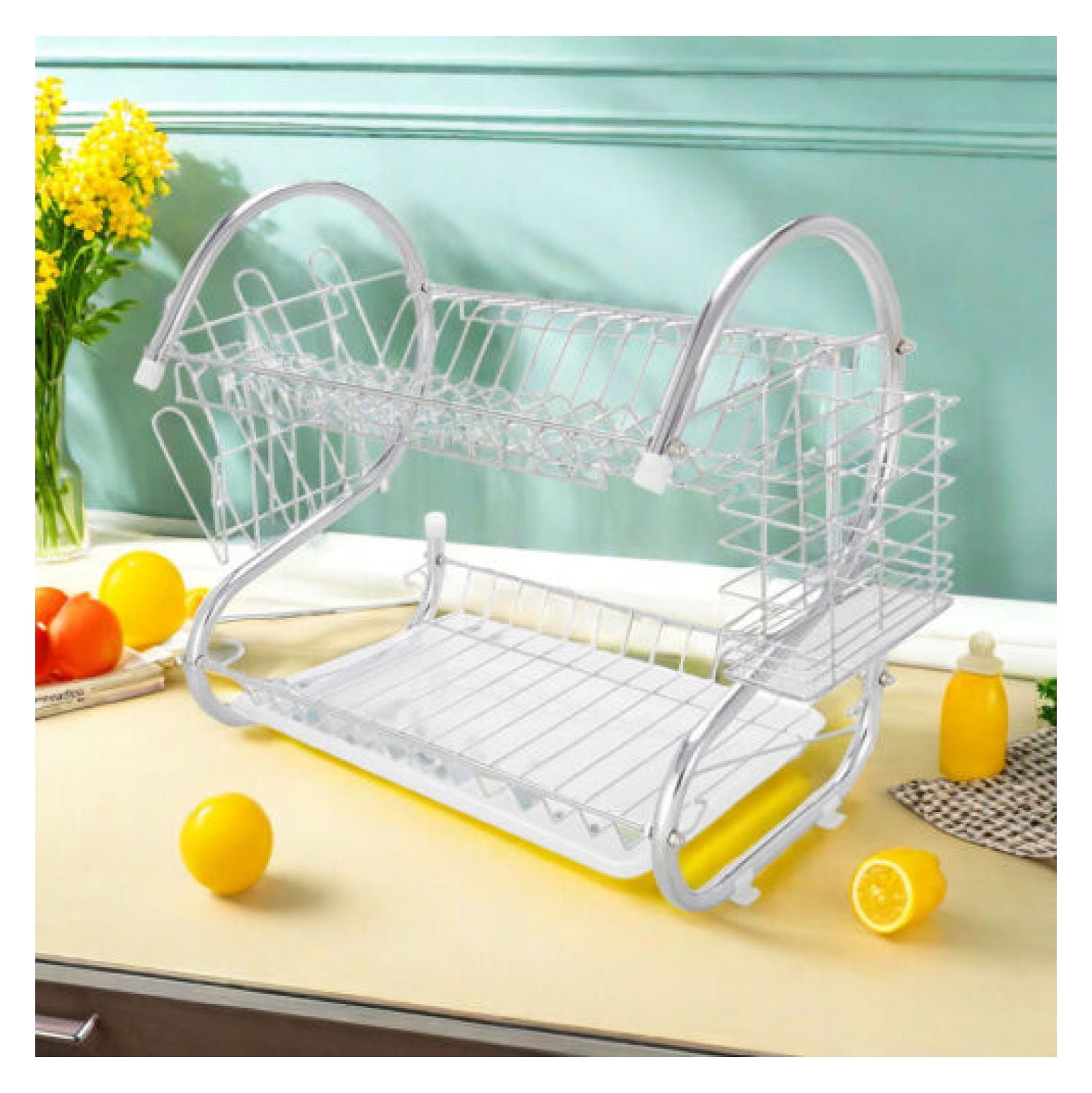 Silver 2-Tier Stainless Steel Dish Drying Rack with Utensil Cup