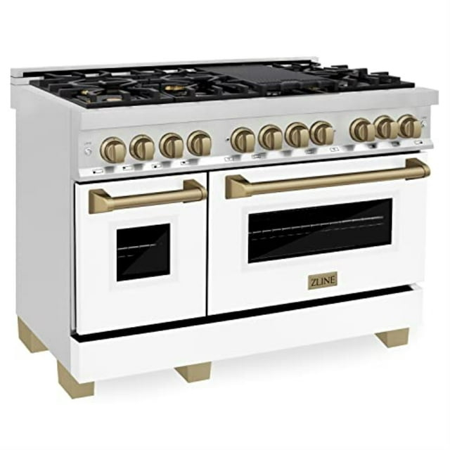 ZLINE 48 in. Autograph Edition Dual Fuel Range in Stainless Steel with White Matte Door and Champagne Bronze Accents (RAZ-WM-48-