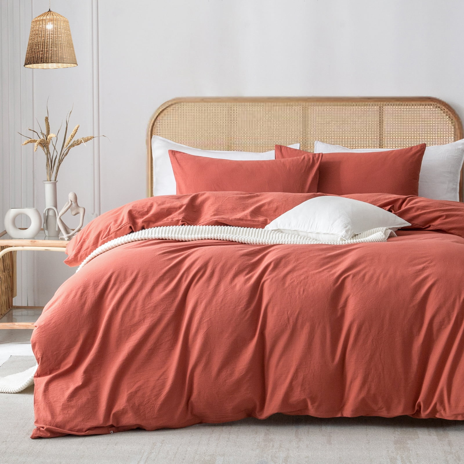 ZOVAN Duvet Cover Set 100% Washed Cotton Super Soft Breathable Durable (Crimson Red, Full)