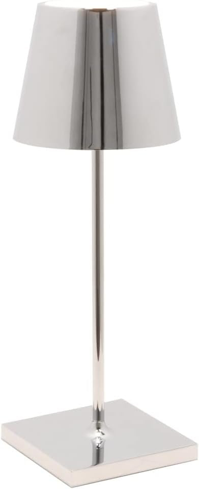 Zafferano Poldina Pro Mini Table Lamp Color: Glossy Chrome in Aluminum, IP54 Protection, Contact Charging Base Included, 11, USA Plug