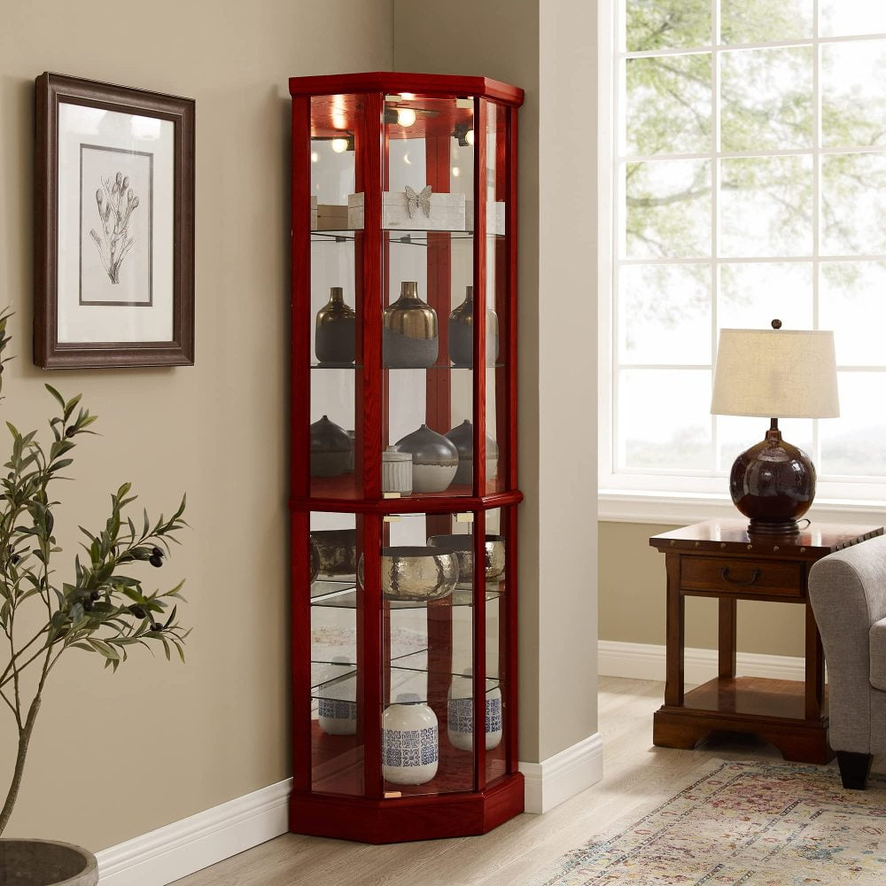 6 Shelf Lighted Corner Curio Cabinet With Adjustable Tempered Glass Shelves And Mirror Back, Cherry(E26 Light Bulb Not Included)