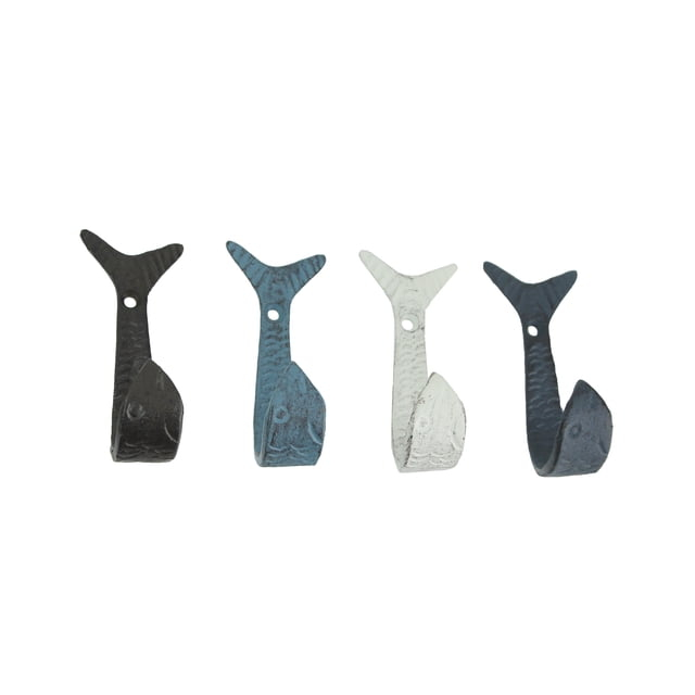 Zeckos Cast Iron Flipping Fish Wall Hooks Coastal Decor Hanger Set of 4