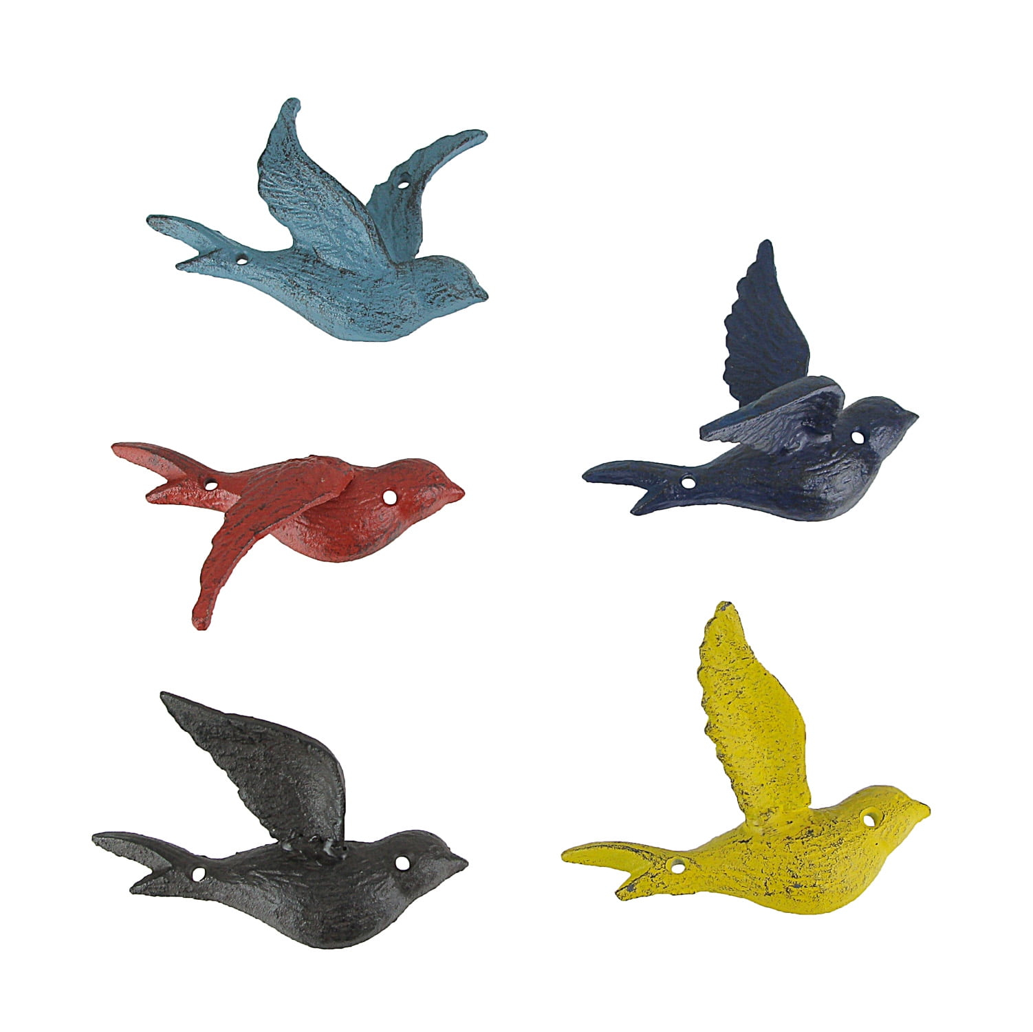 Zeckos Colorful Cast Iron Flying Bird Decorative Wall Décor Set of 5
