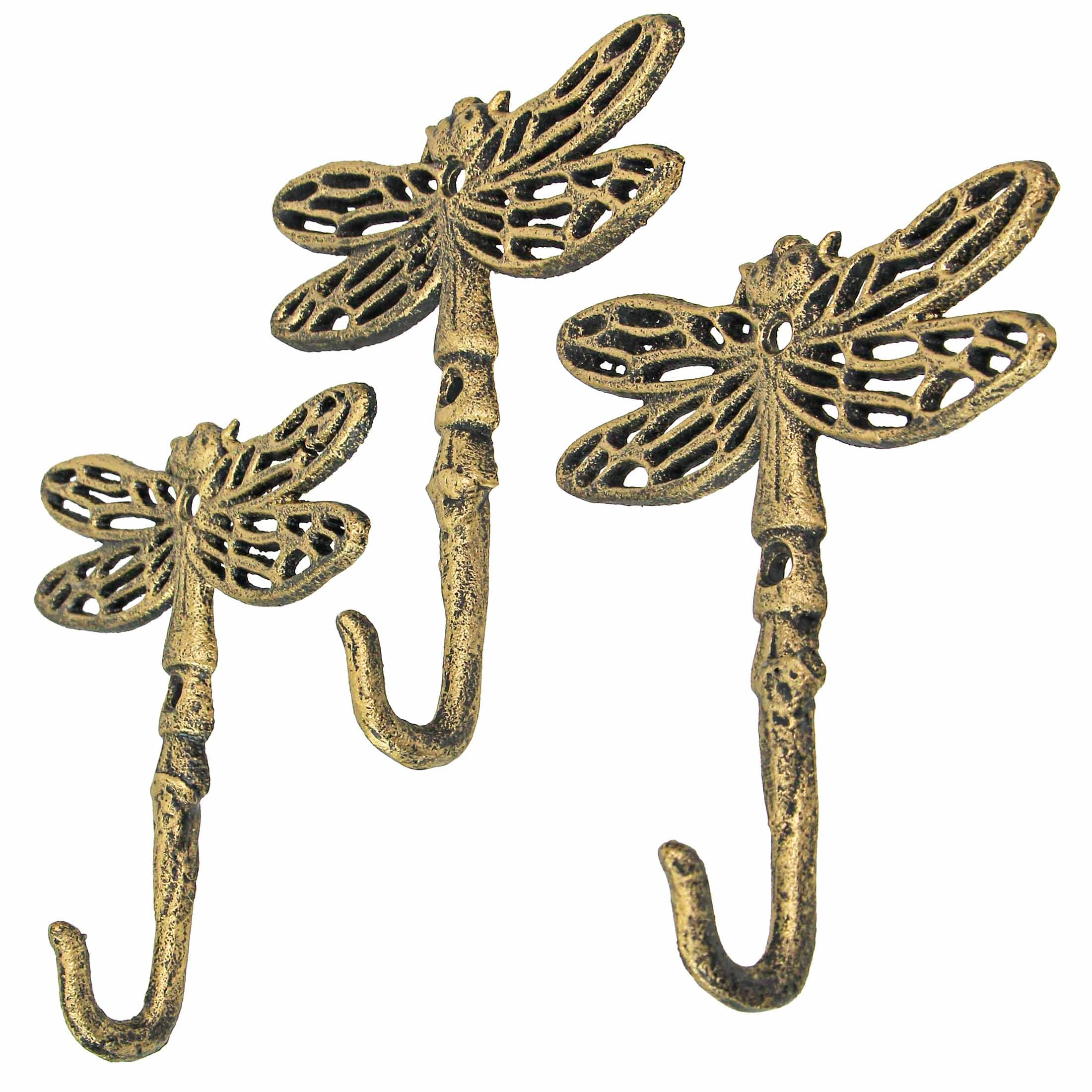 Zeckos Gold Cast Iron Dragonfly Wall Hook 5 inch Home Decor Set of 3