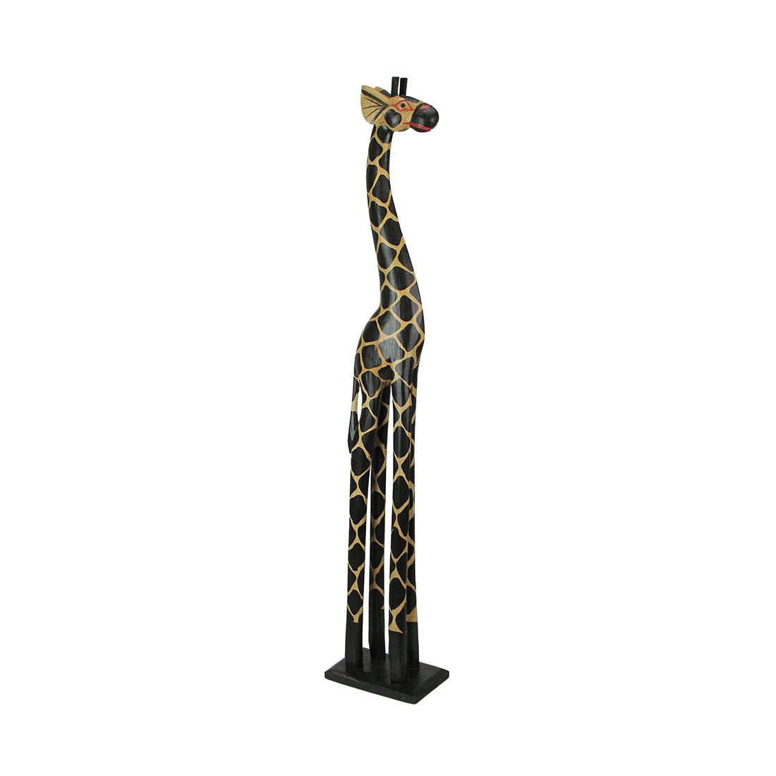 Hand-Carved 36-Inch Tall Black and Beige Wooden Giraffe Statue