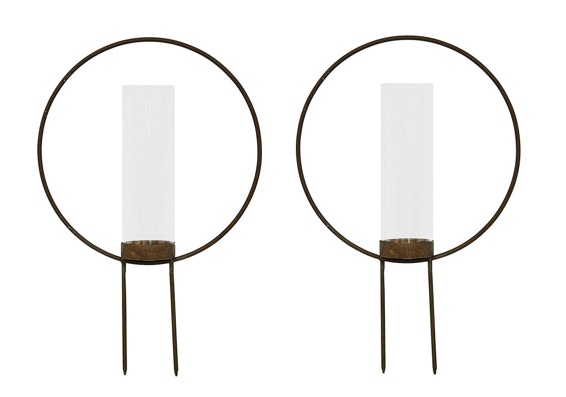 Zeckos Set of 2 Rust Color Metal Hoop Outdoor Ground Candleholders 12 inch