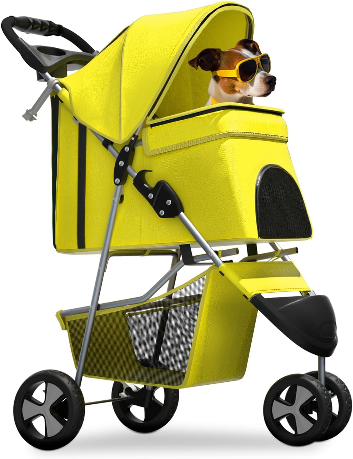 Zengpin 3-Wheel Pet Stroller, Foldable Travel Jogger for Small & Medium Dogs & Cats (Up to 33lbs), Lightweight Carrier with Breathable Mesh Cover, Cup Holder & Storage Basket, Yellow