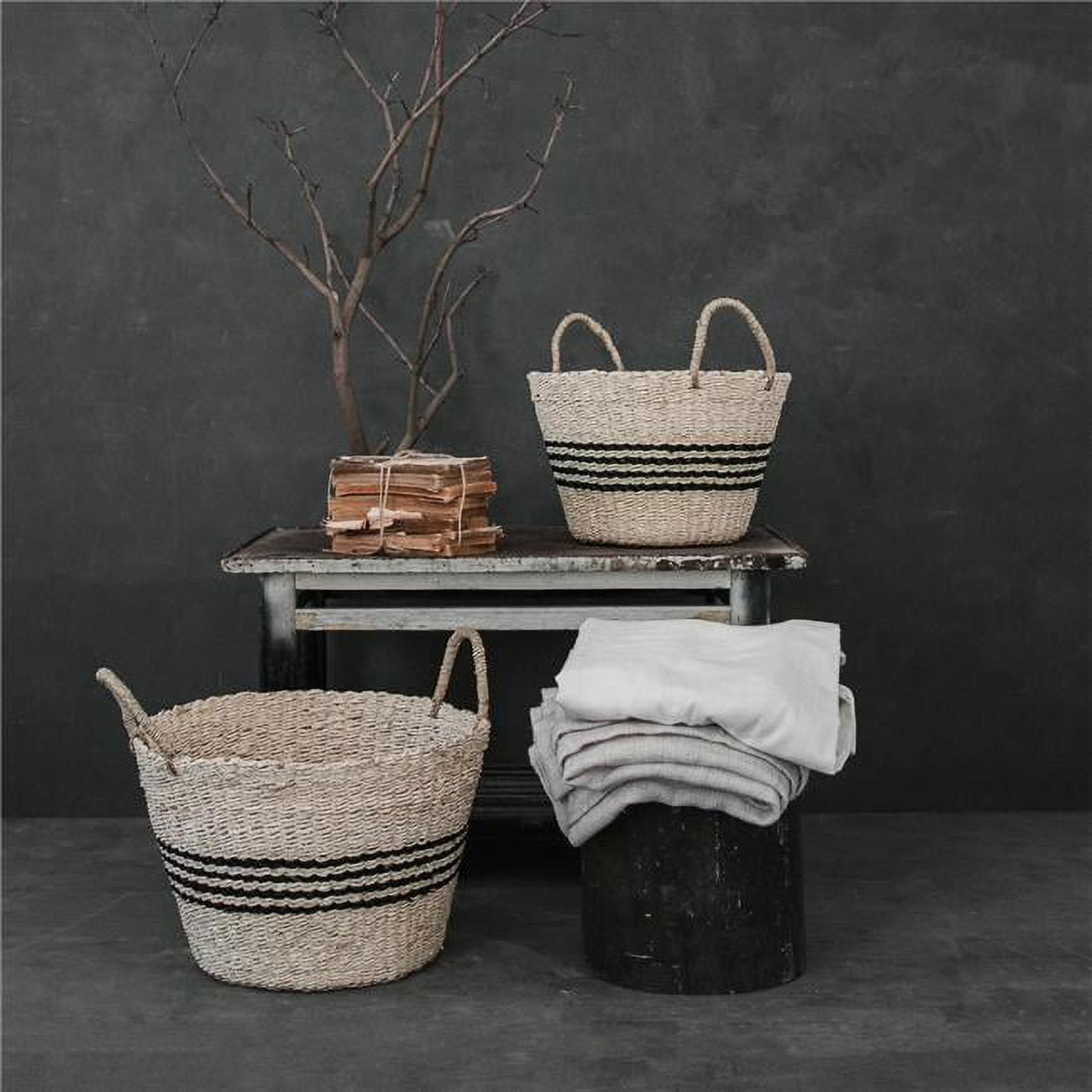 Zentique  Hand Woven Seagrass & Palm Leaf Basket with Dark Stripes & Handles - Large