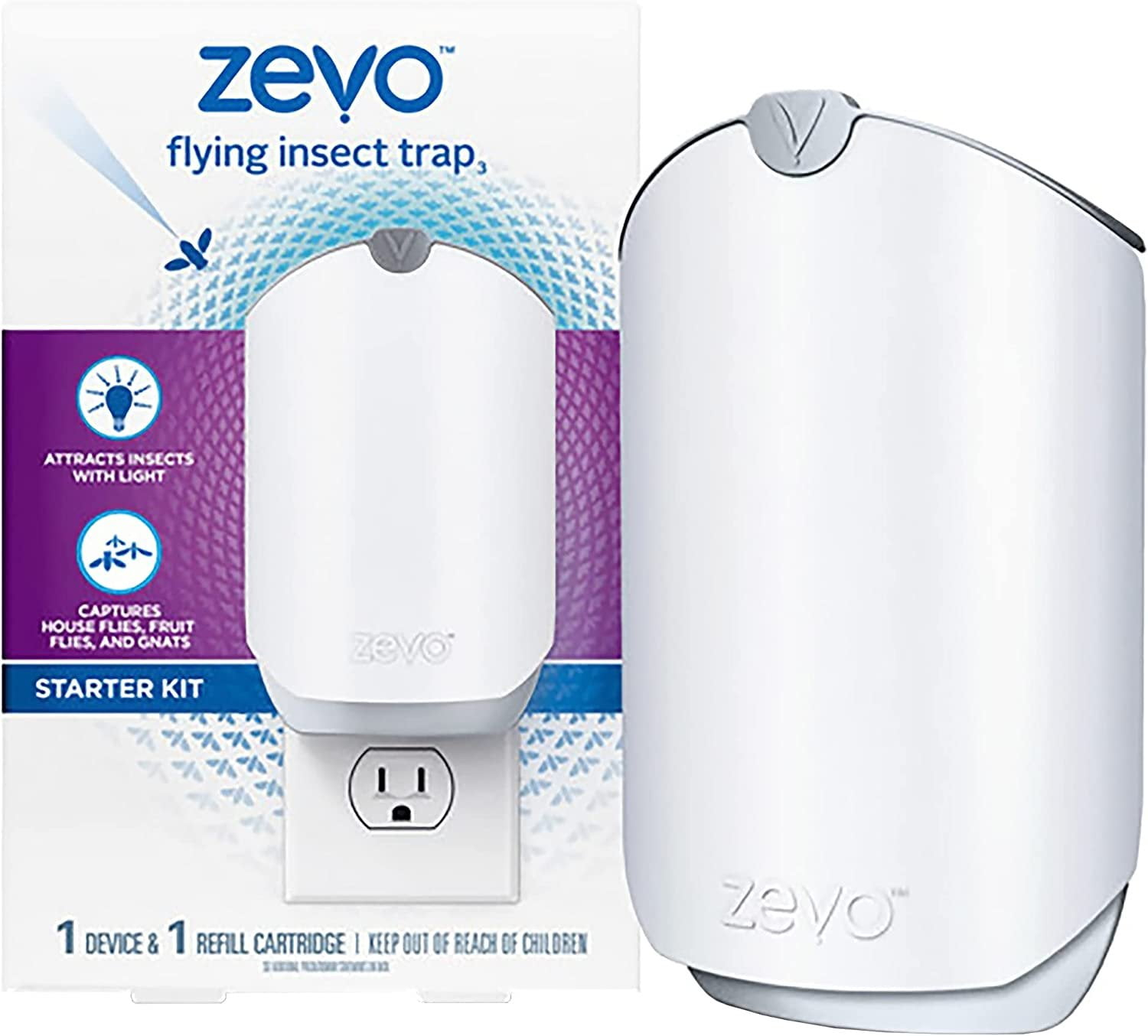 Zevo Flying Insect Trap, Fly Trap Captures Houseflies, Fruit Flies, and Gnats 1 Plug-in Base + 1 Cartridge