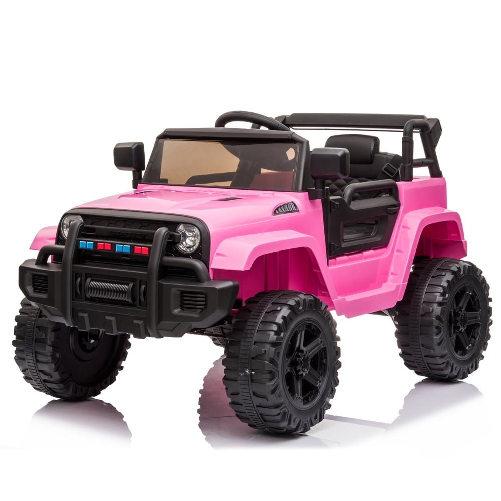 OLAKIDS Kids Ride On Truck, 12V Electric Vehicle Jeep Car with Remote Control, Toddlers Battery Powered Toy with 2 Speeds, Spring Suspension, Double Open Doors, LED Lights, Music, USB, Mp3 (Pink)
