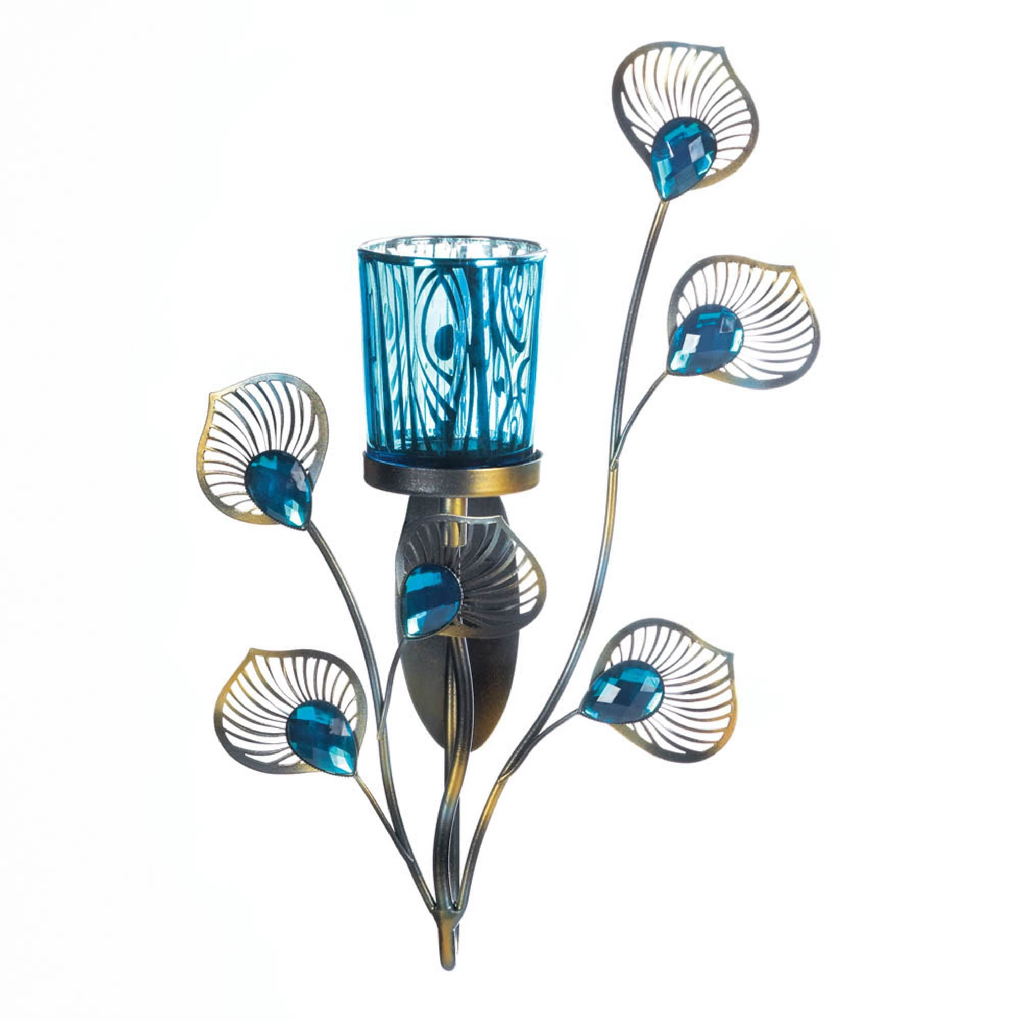 Zingz & Thingz Peacock Plume Single Candle Wall Sconce - 10.75" - Blue and Gold
