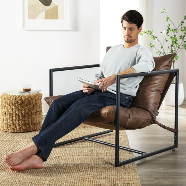 Zinus Aidan Faux Leather Sling Indoor Accent Chair, Cocoa Brown