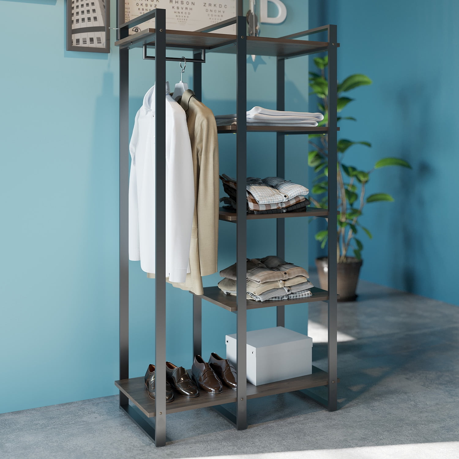 Zinus Brock 4-Shelf Etagere Bookcase with Hanging Storage, Acacia Wood and Metal Frame, Adult