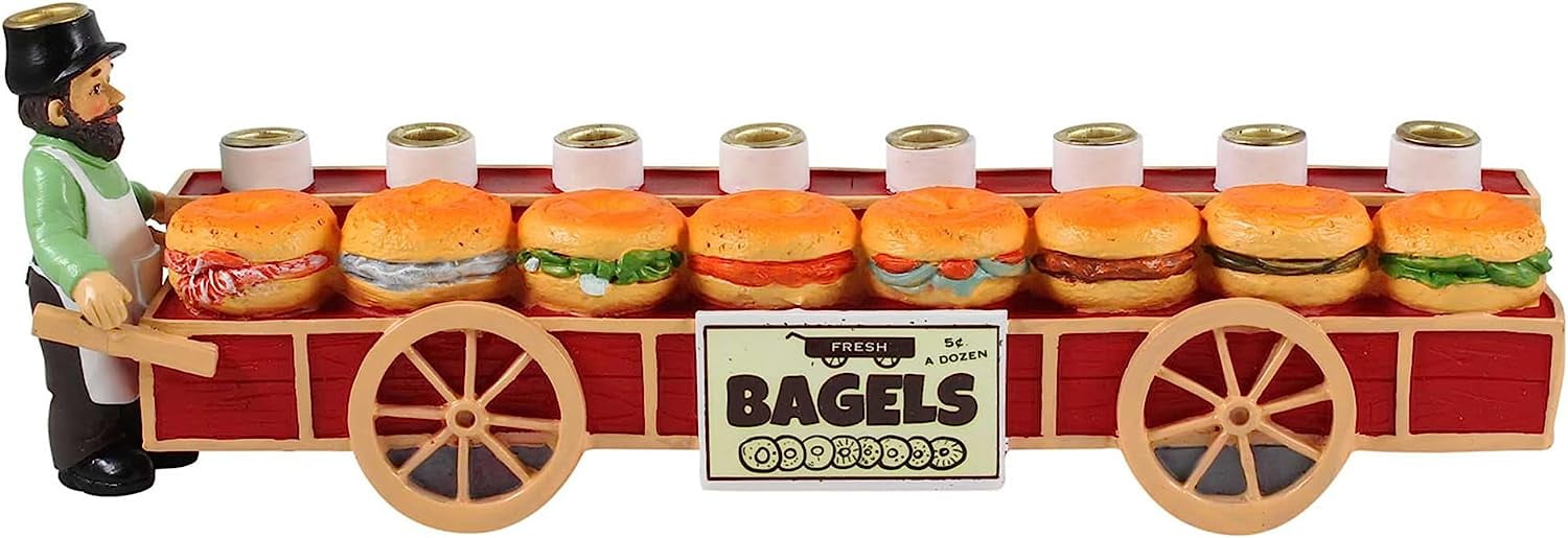 Zion Judaica Bagels and Lox Menorah - Merchant and Sandwiches Cart Collectible Candle Menorah - Fits Standard Size Hanukkah Candles