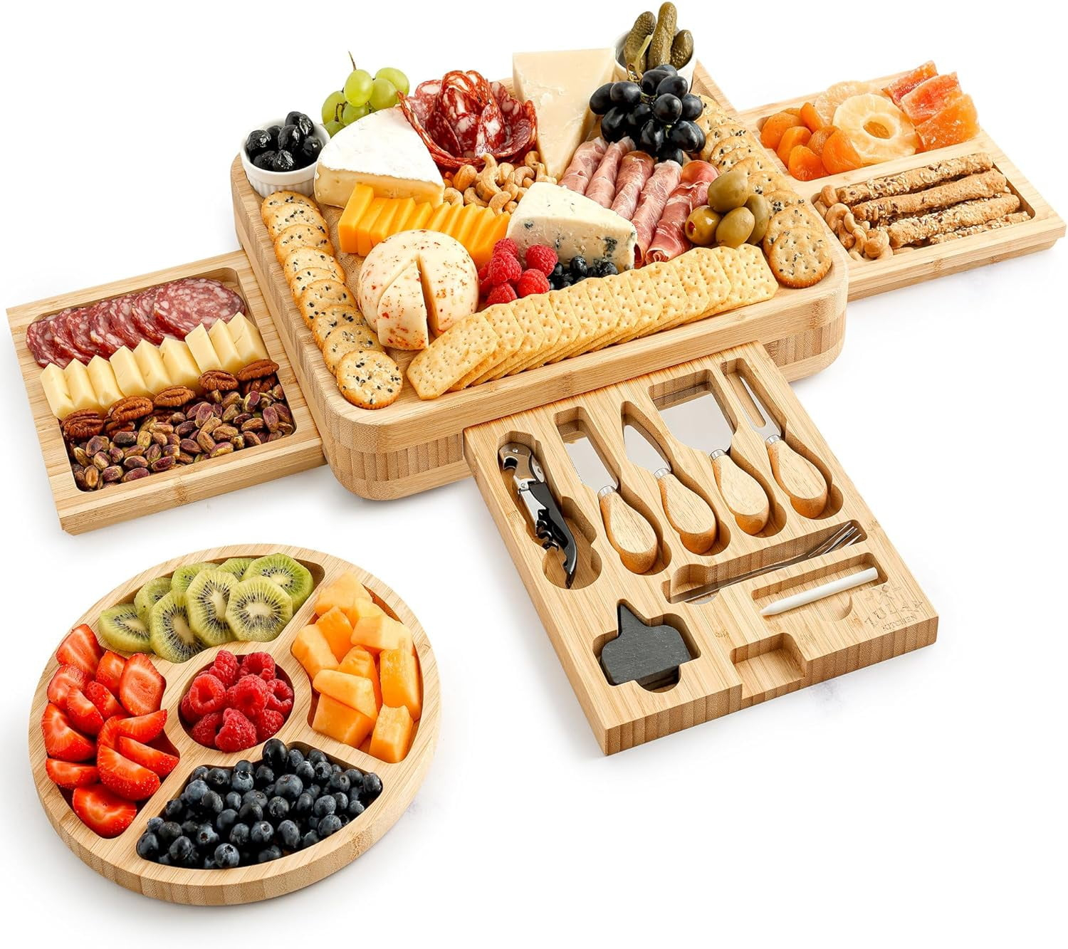 Zulay Kitchen Bamboo Cheese Board Set Extra Thick Charcuterie Board 15 Piece - Deluxe Set