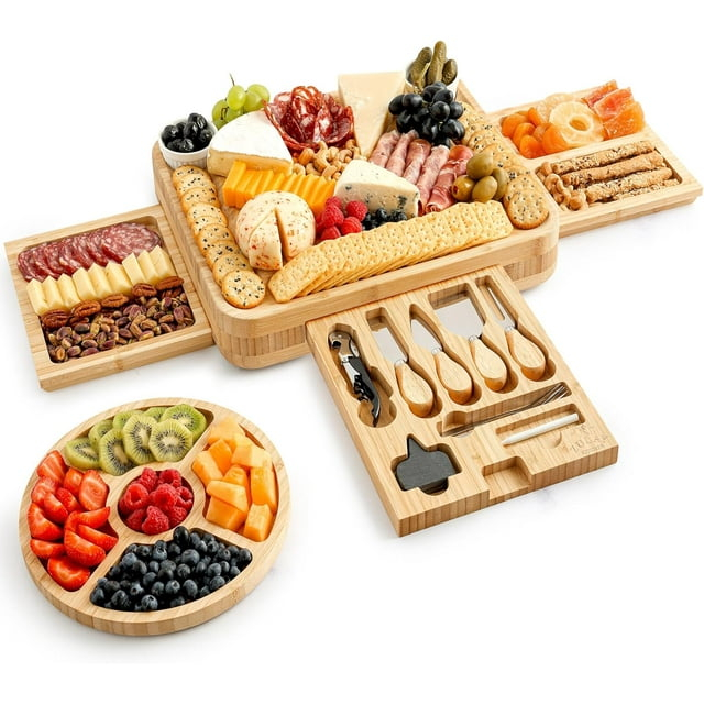 Zulay Kitchen Bamboo Cheese Board Set Extra Thick Charcuterie Board 15 Piece - Deluxe Set