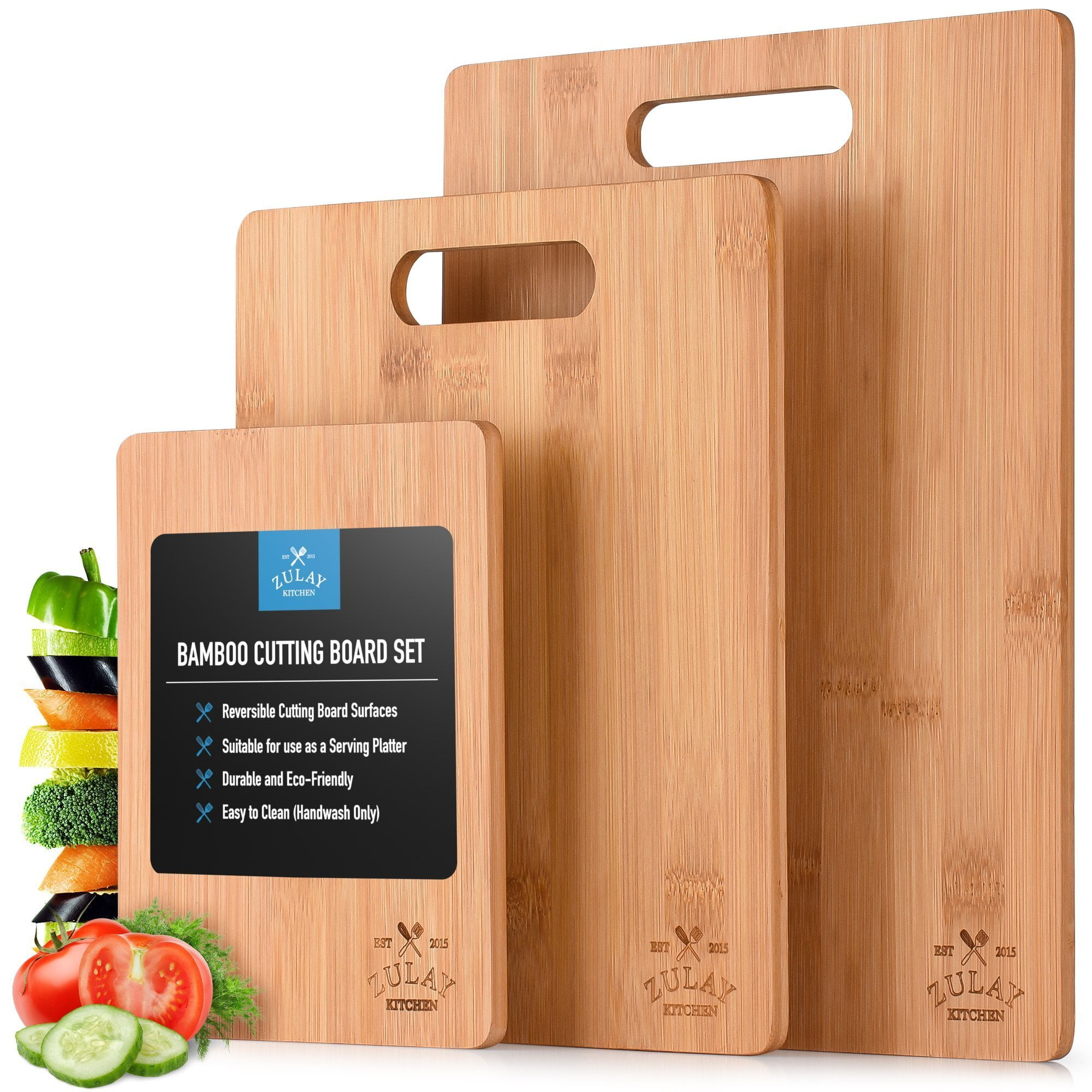 Zulay Kitchen (3-Piece) Bamboo Wooden Cutting Boards For Kitchen - Premium 3 Assorted Sizes (9.5"x13", 8.5"x11", and 6"x8")