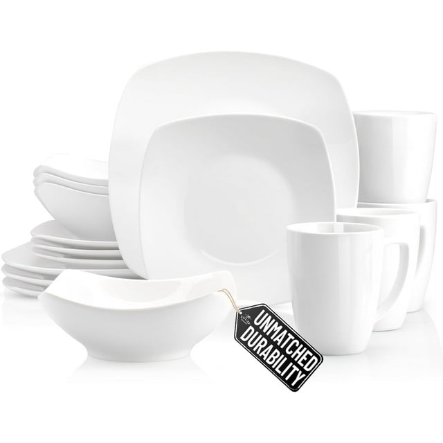 Zulay Kitchen Luna Dinnerware Set, 16 Piece Modern Porcelain Dish Set for 4, Chip and Scratch Resistant Square Plates and Bowls Sets, Microwave and Dishwasher Safe, Pearl White