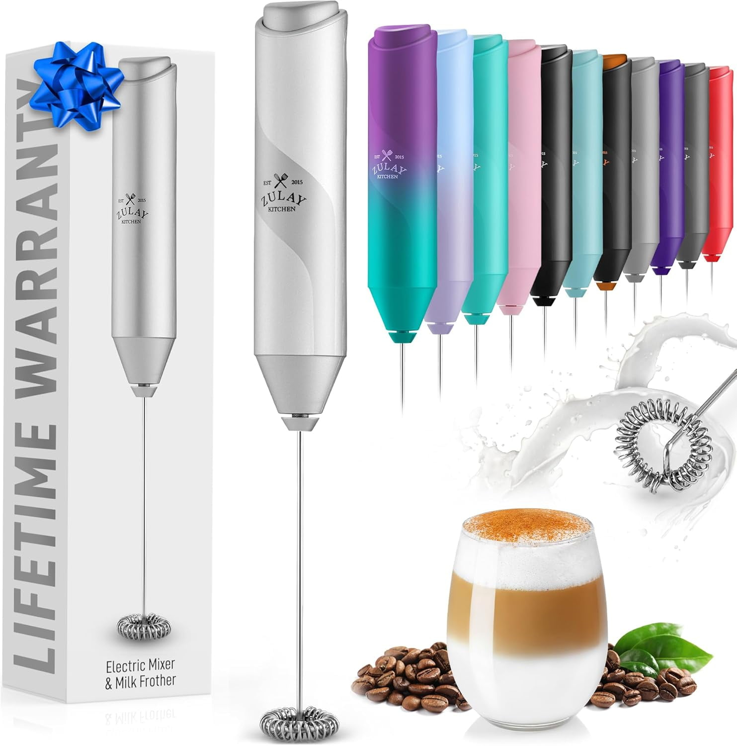 Zulay Kitchen Milk Frother for Coffee Portable & Compact Handheld Travel Milk Foamer (Silver)