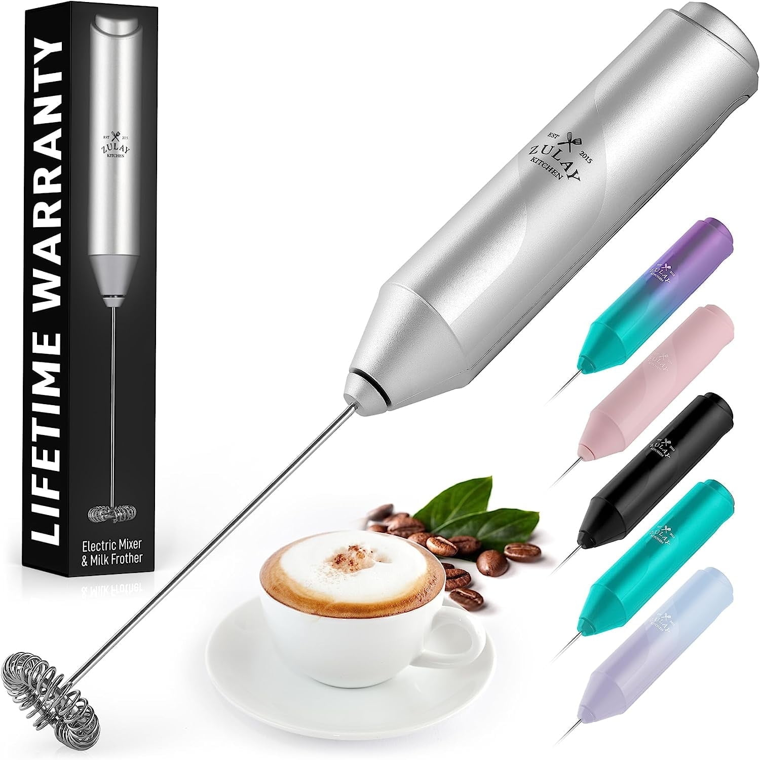 Zulay Kitchen Milk Frother for Coffee Portable & Compact Handheld Travel Milk Foamer (Silver)