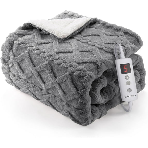 CAROMIO Heated Throw Blanket - Thick Tufted Sherpa Electric Blanket Throw with 10 Heating Levels and 10 Time Settings, ETL Certified Machine Washable Fast Heating Blanket Throw 50"×60", Grey
